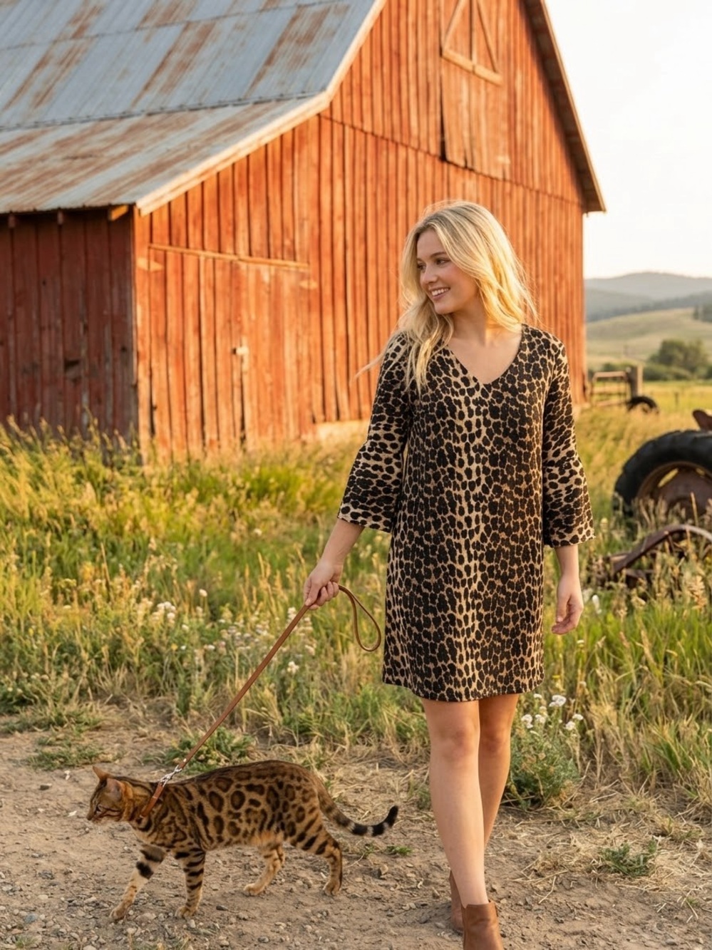 Leopard Print V-Neck Mini Dress in Brown and Black